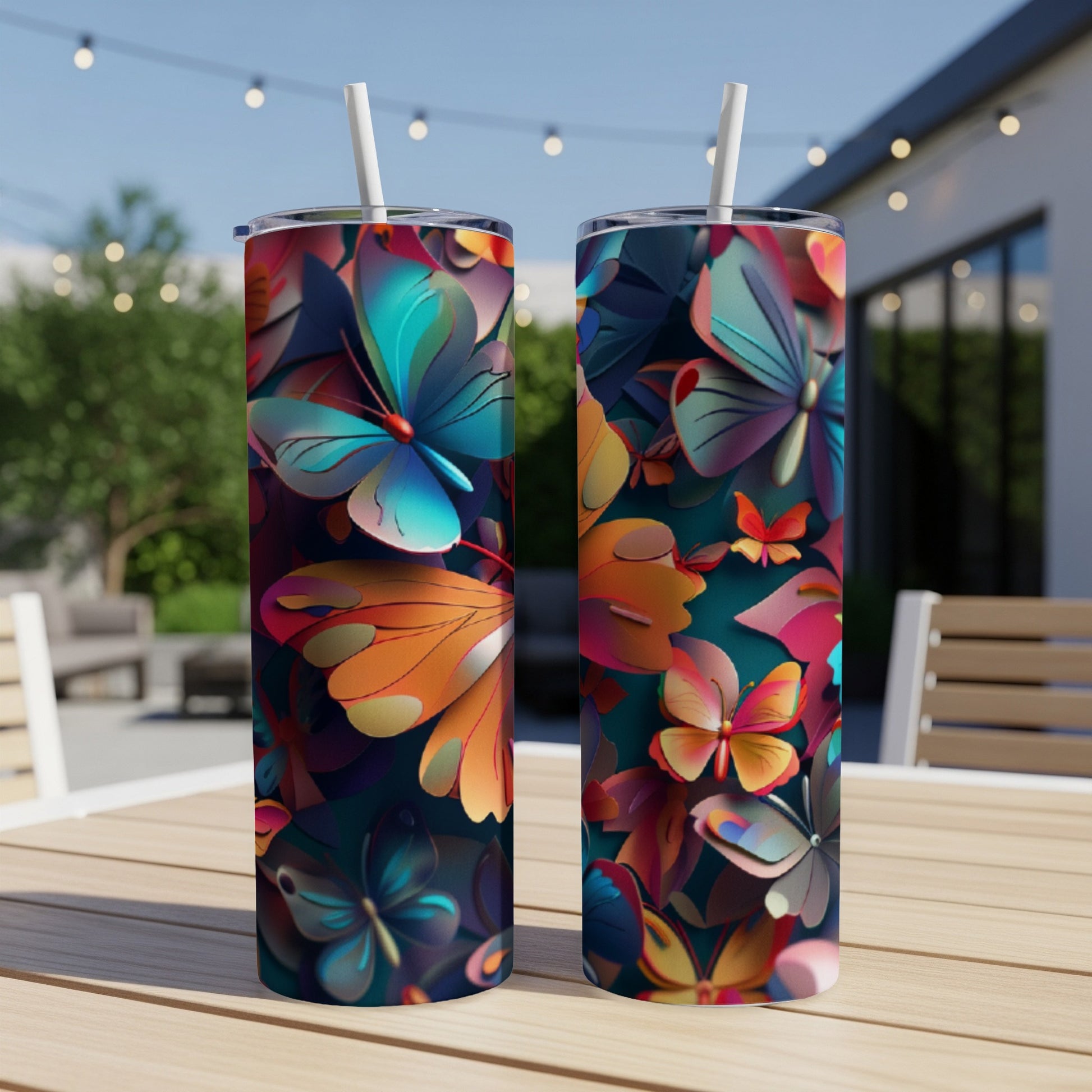 Two colorful butterfly-patterned tumblers on a wooden table outdoors.