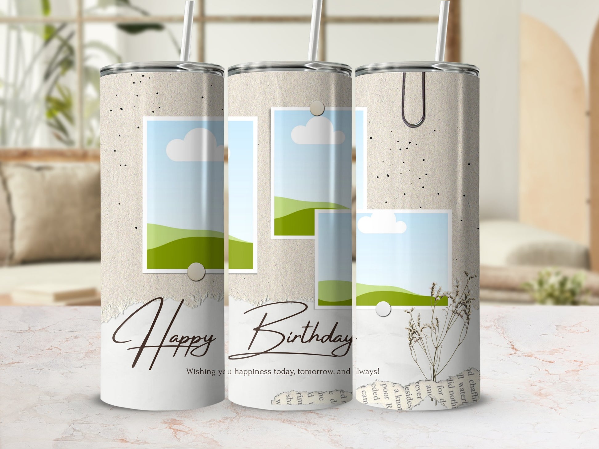 Happy Birthday tumbler with landscape photos and handwritten text.