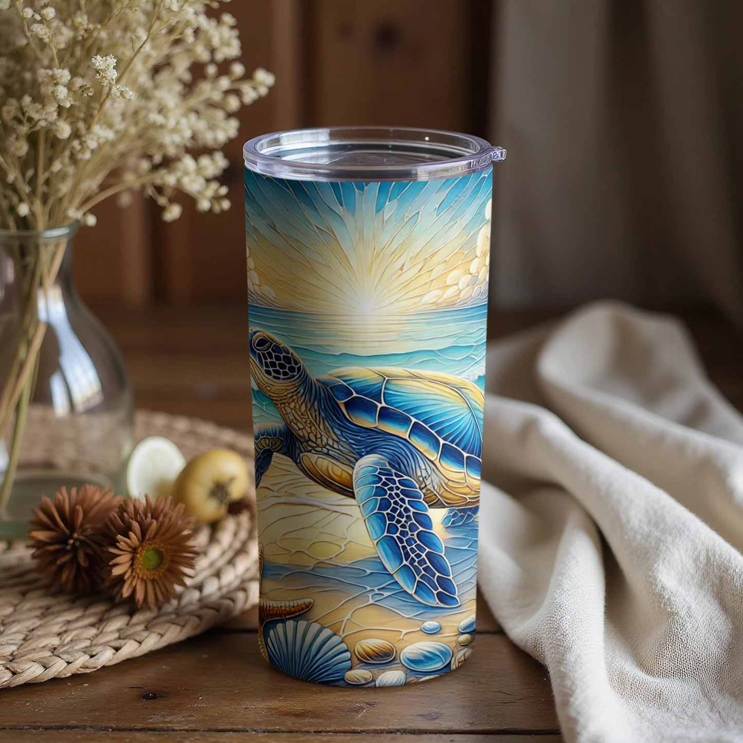 Colorful Sea Turtle Beach Sunrise Insulated Tumbler