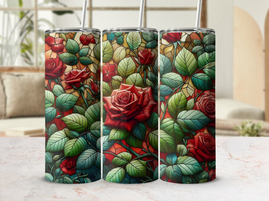 Three tumblers with a stained-glass rose and leaf pattern.