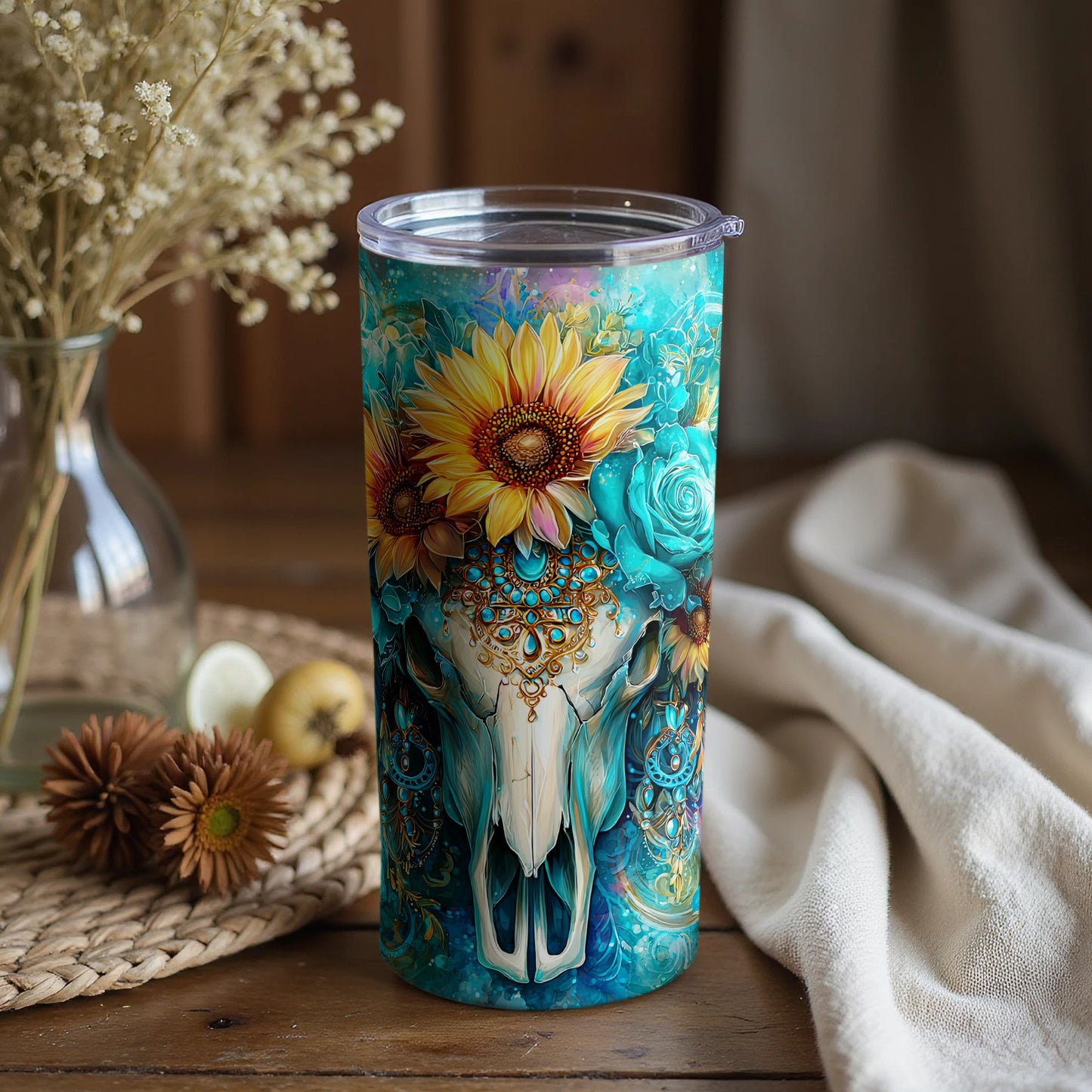 Floral Skull Design Tumbler with Turquoise Accents