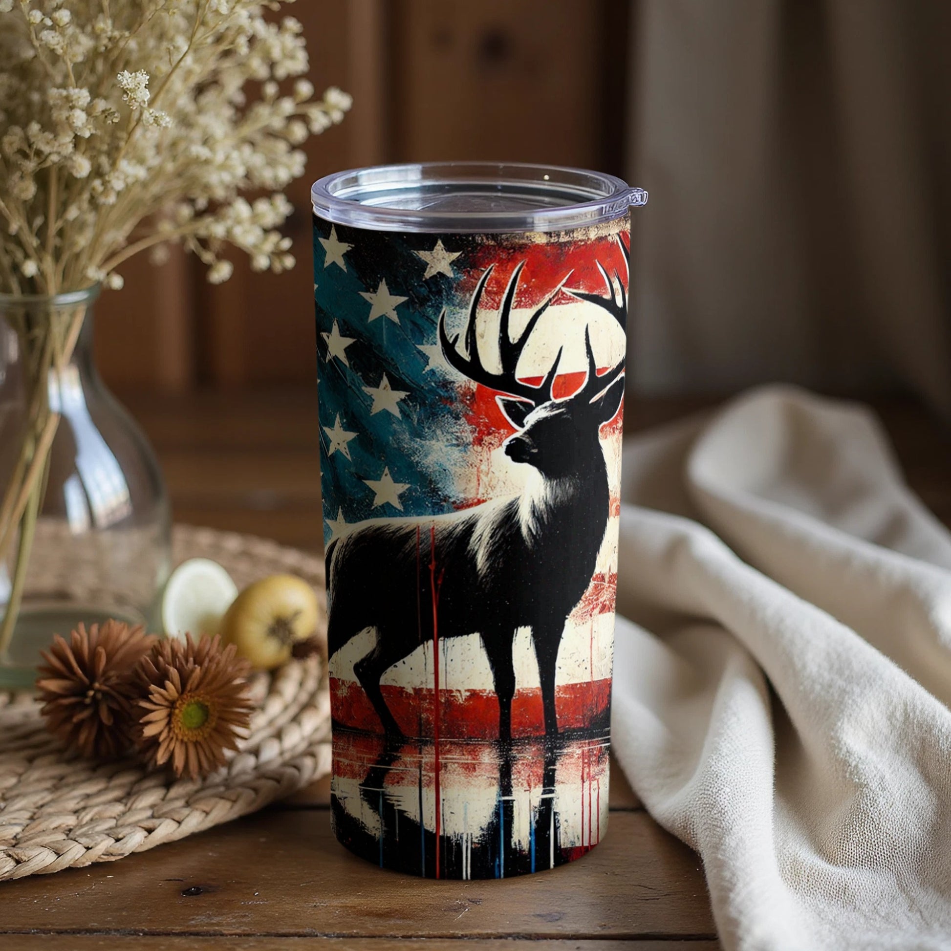 Patriotic Deer Tumbler with American Flag Design