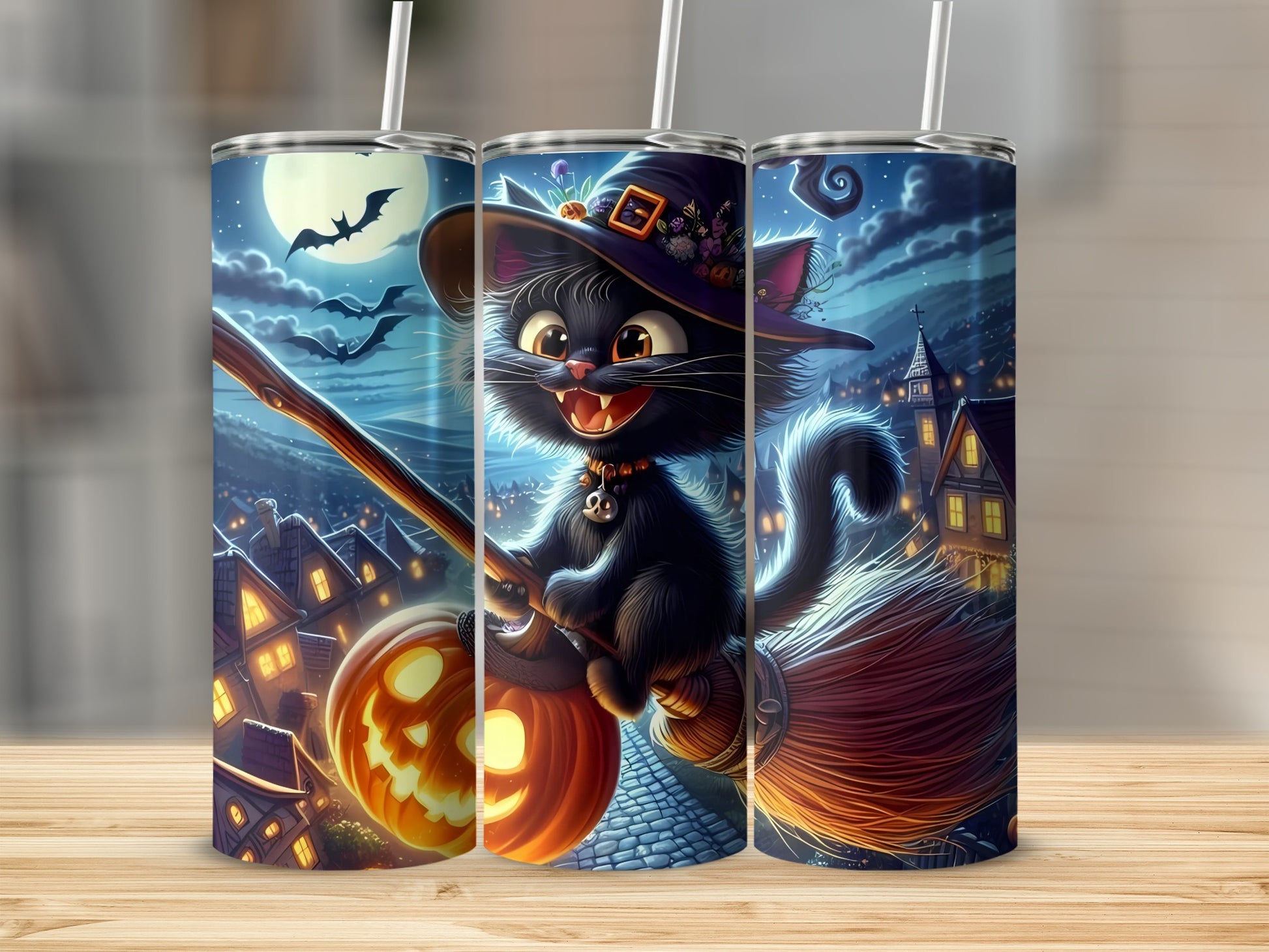 Black cat in witch hat rides broomstick with jack-o'-lantern over spooky town.