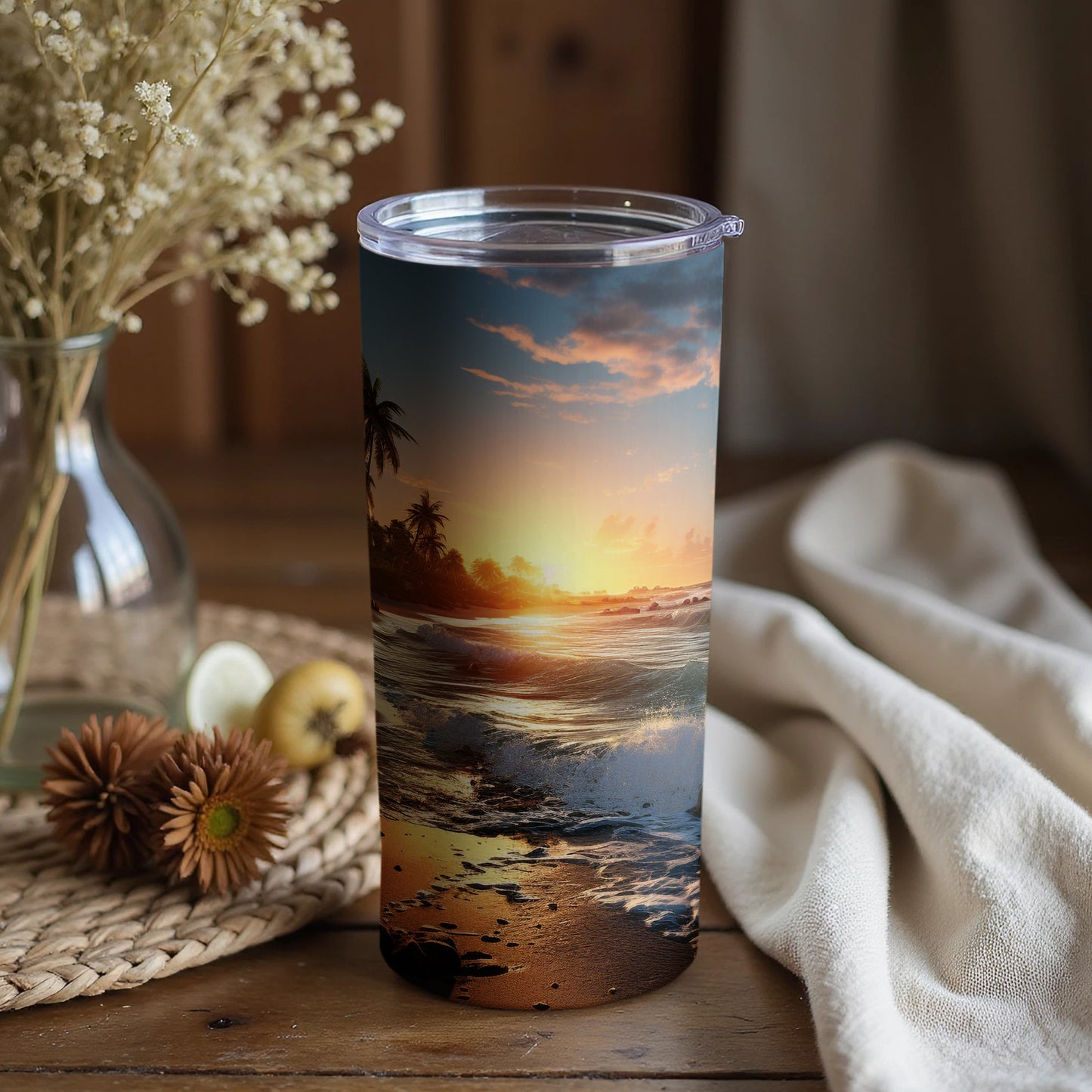 Sunrise Beach Scene on Travel Tumbler