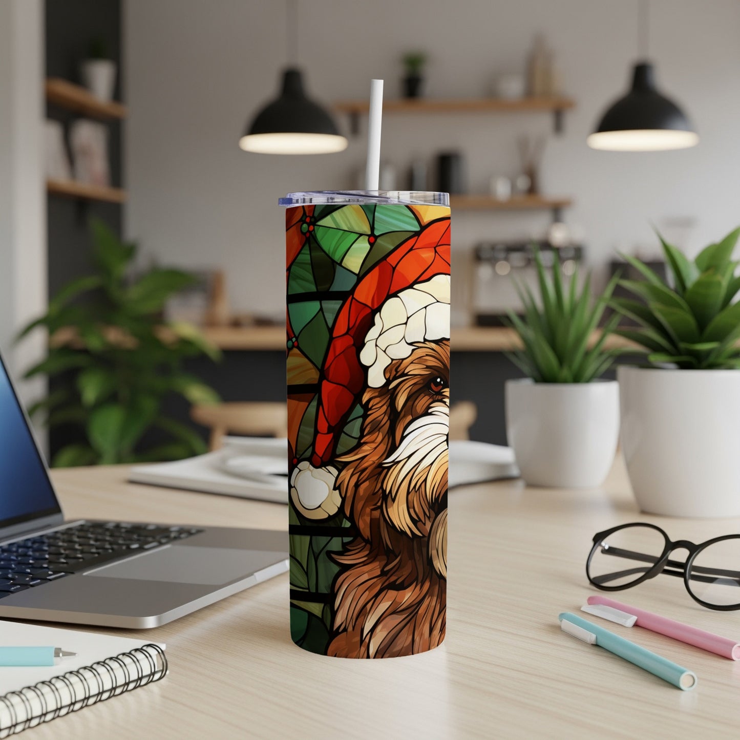 Shih Tzu dog wearing a Santa hat in stained glass style on a tumbler.