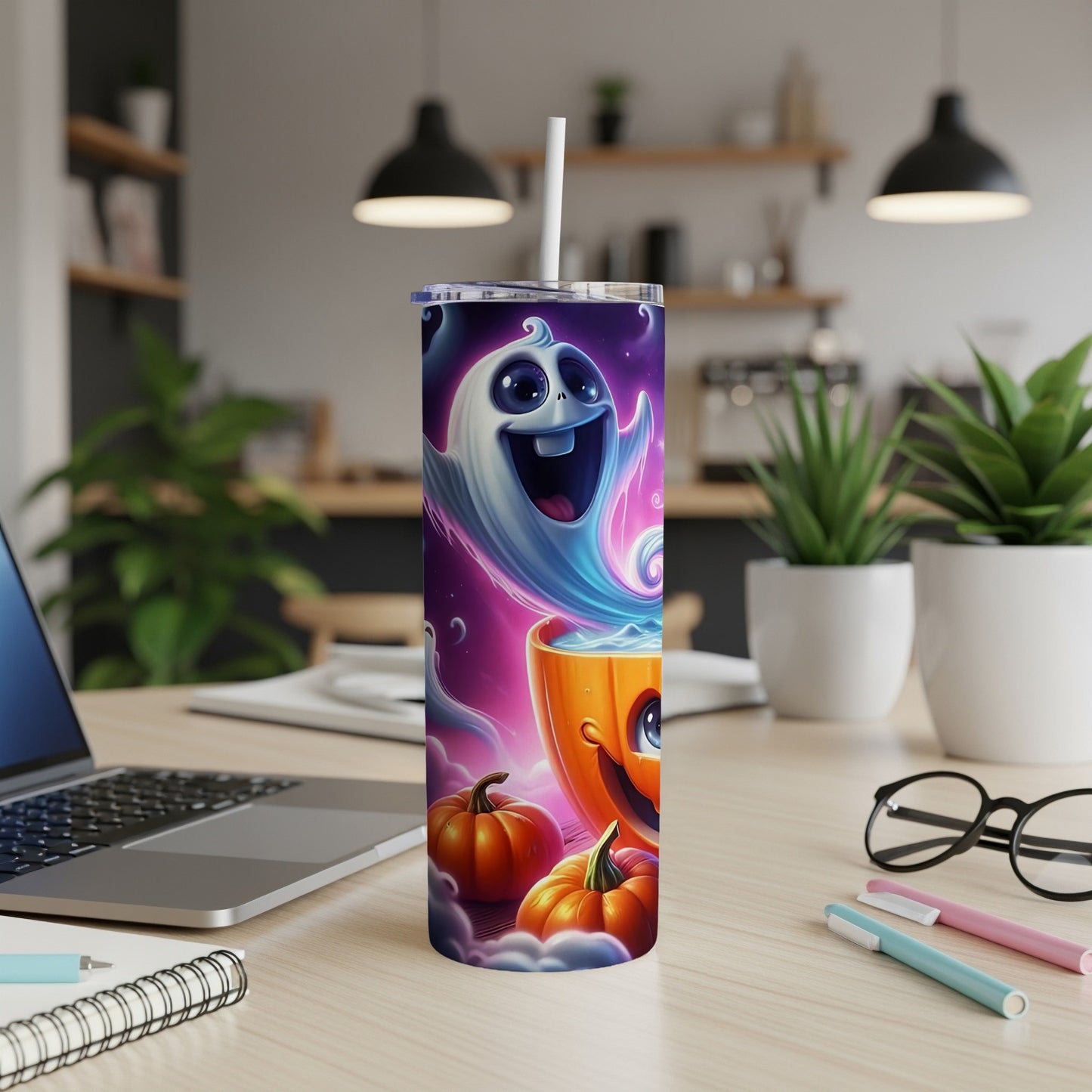 Tumbler with cartoon ghost, pumpkin, and pumpkins against a purple starry background.