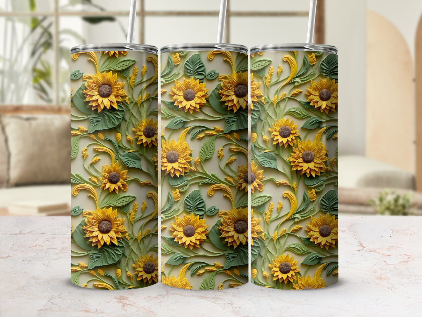 Vibrant Sunflower Design Travel Tumbler with Straw
