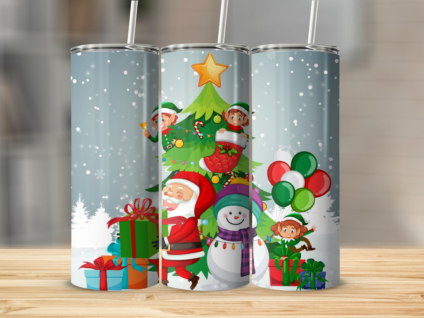 Festive Santa and Elves Christmas Tumbler with Snowman