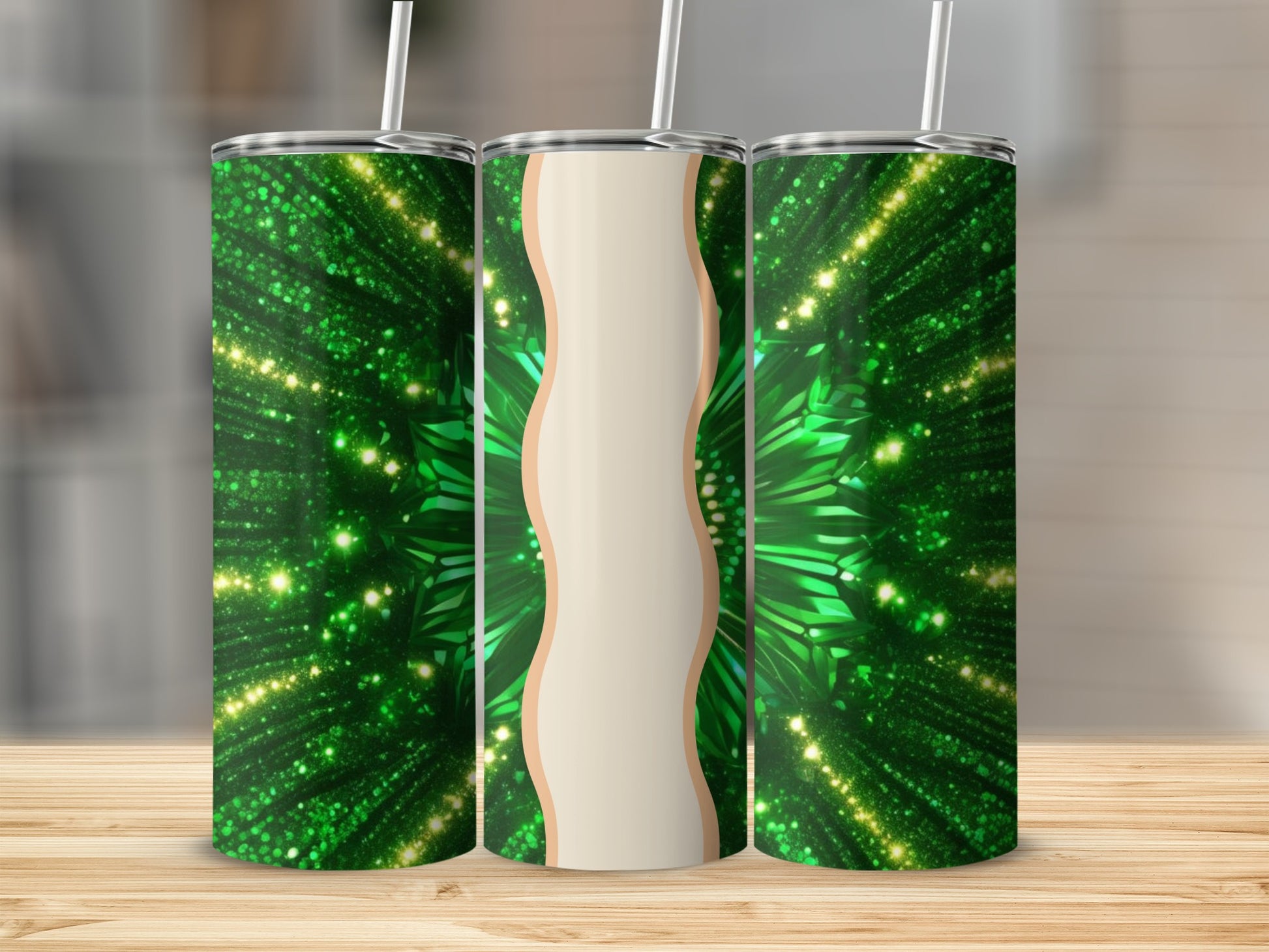 Three tumblers with sparkling green and gold abstract pattern.