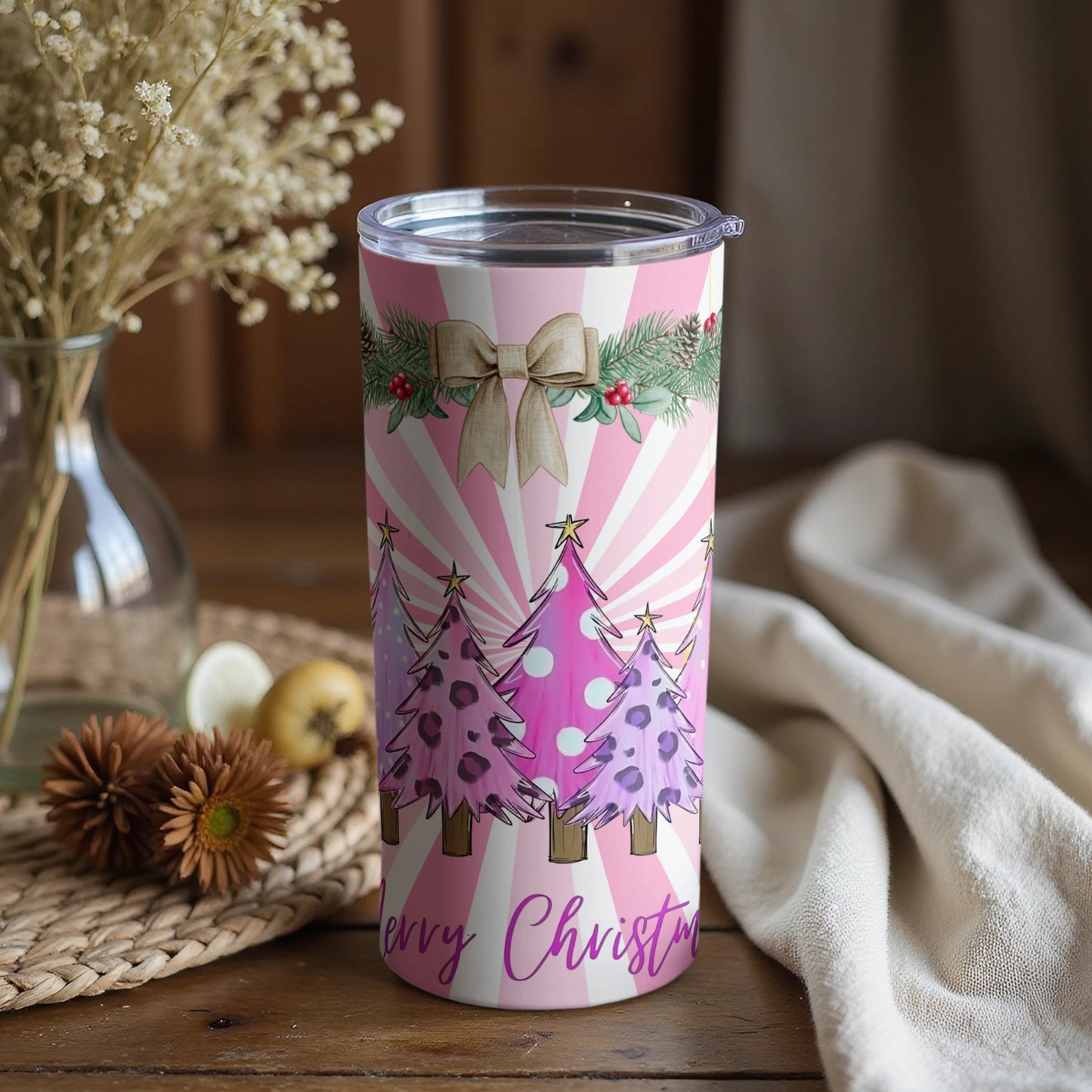 Pink Festive Christmas Tree Tumbler Stainless Steel Cup