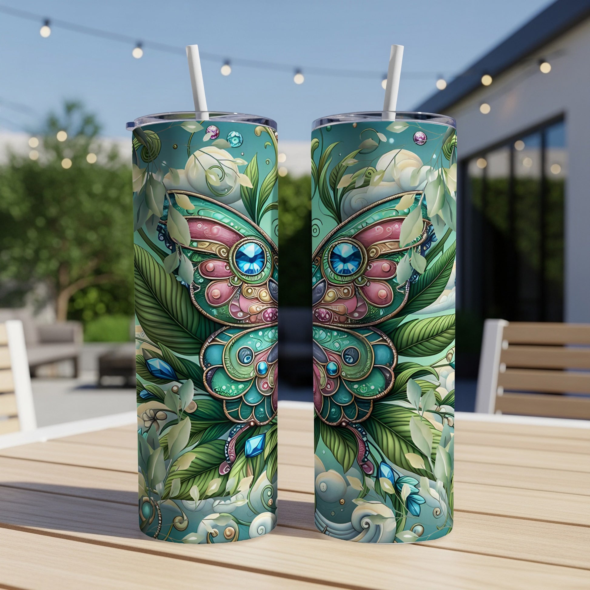 Two teal tumblers with a teal and pink butterfly design sit on a wooden table.