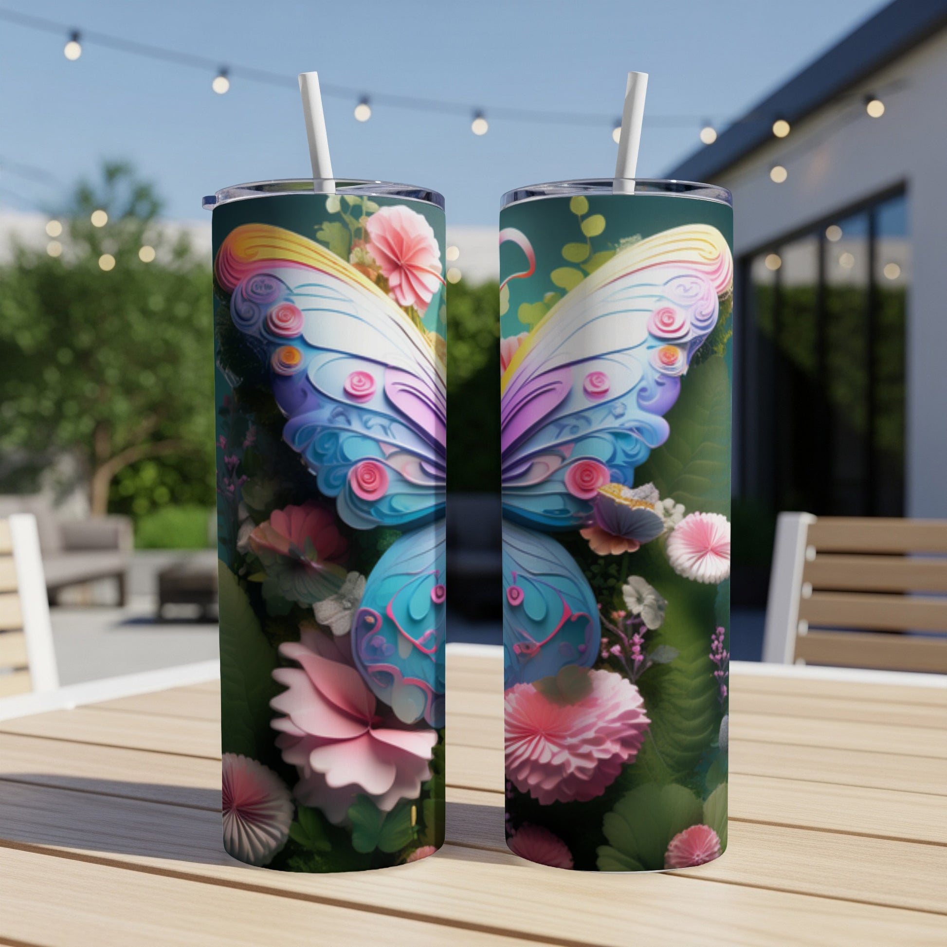 Two tumblers with colorful butterfly wings and floral designs on a wooden table.