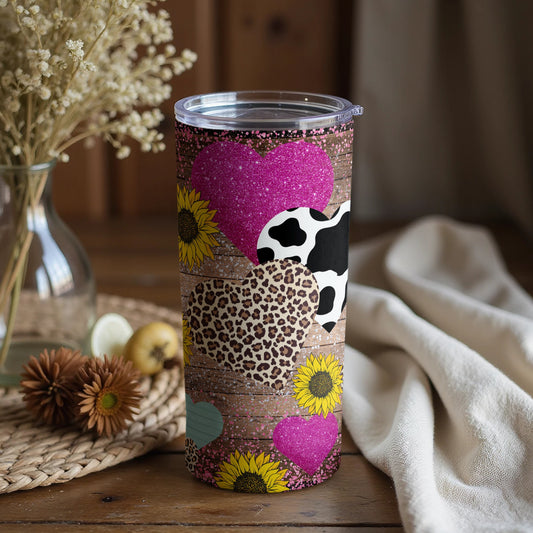 Colorful Heart Pattern Insulated Tumbler with Sunflowers