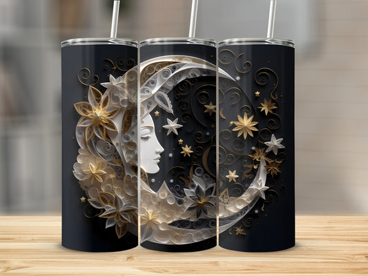 Dark tumblers with crescent moon, stars, and woman's profile design.