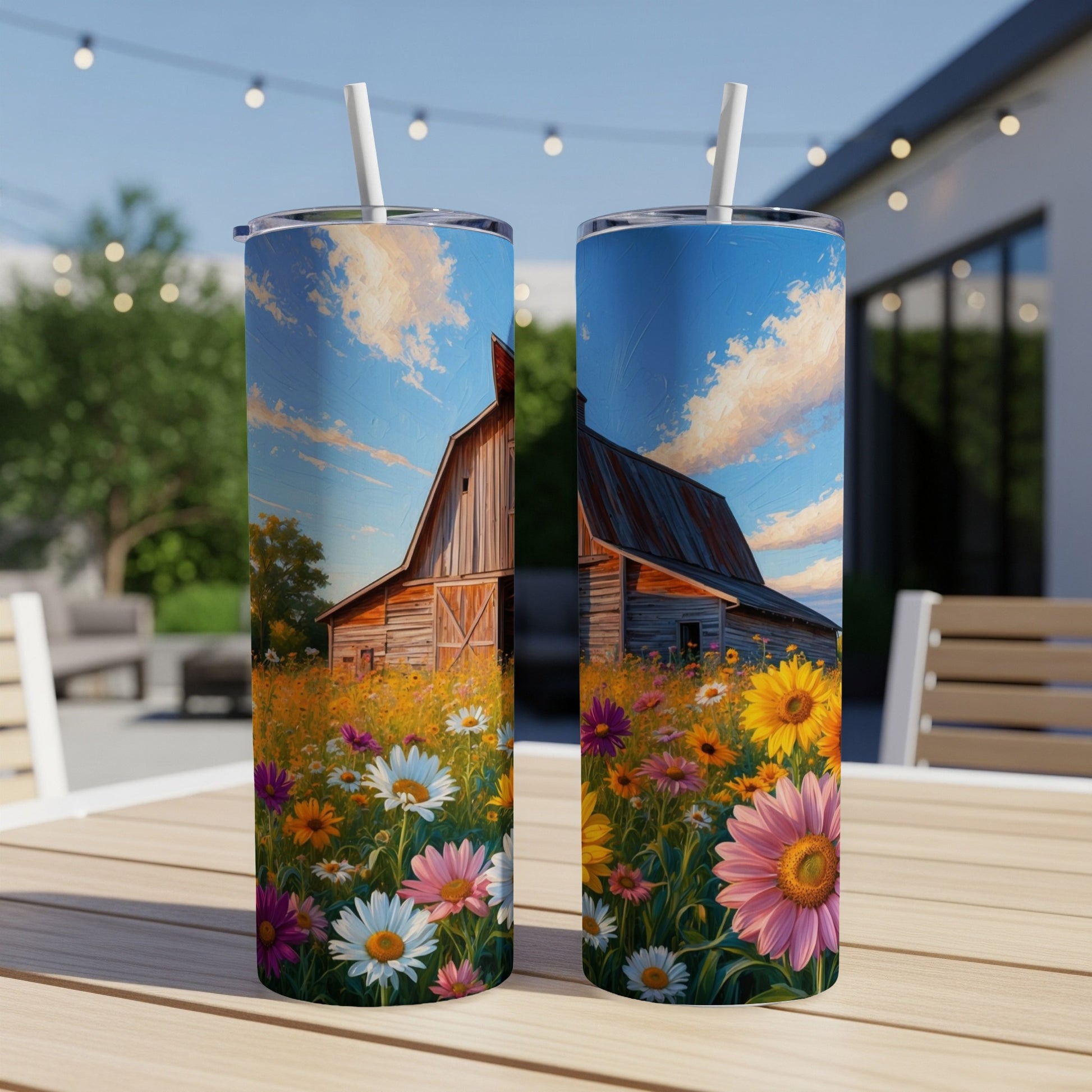Barn and wildflowers on a tall, skinny tumbler with a straw.