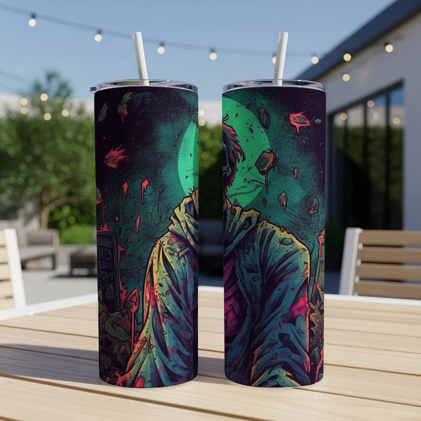 Two tumblers featuring a spooky zombie-like character with green and purple tones.