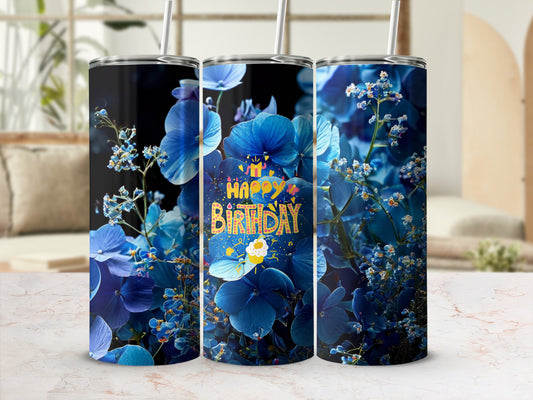 Blue floral design with "Happy Birthday" text on a tumbler.