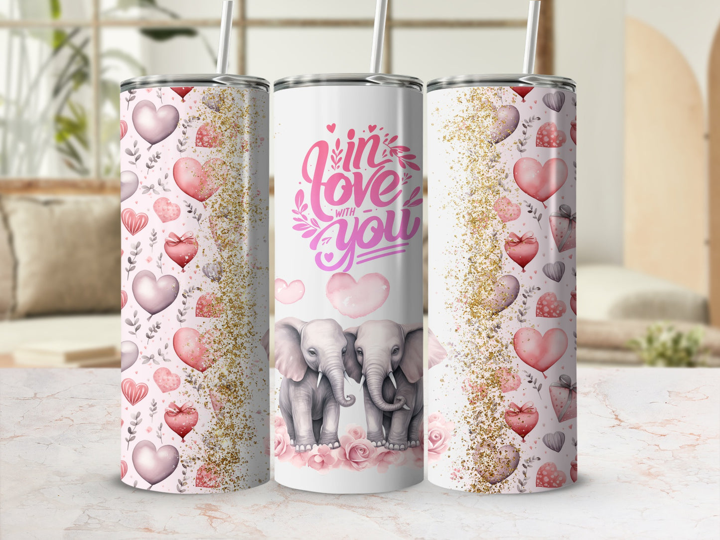 Cute Elephant and Hearts Design Tumbler Cup