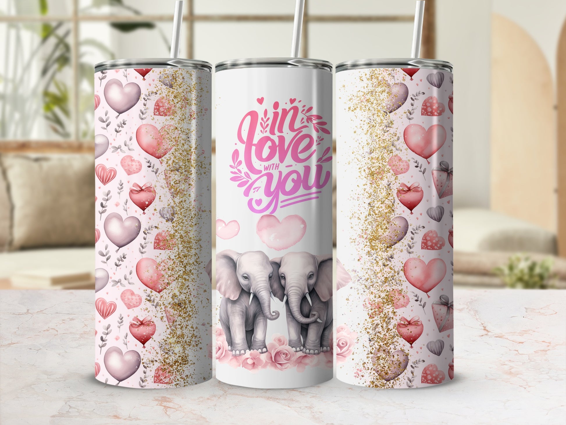 Cute Elephant and Hearts Design Tumbler Cup