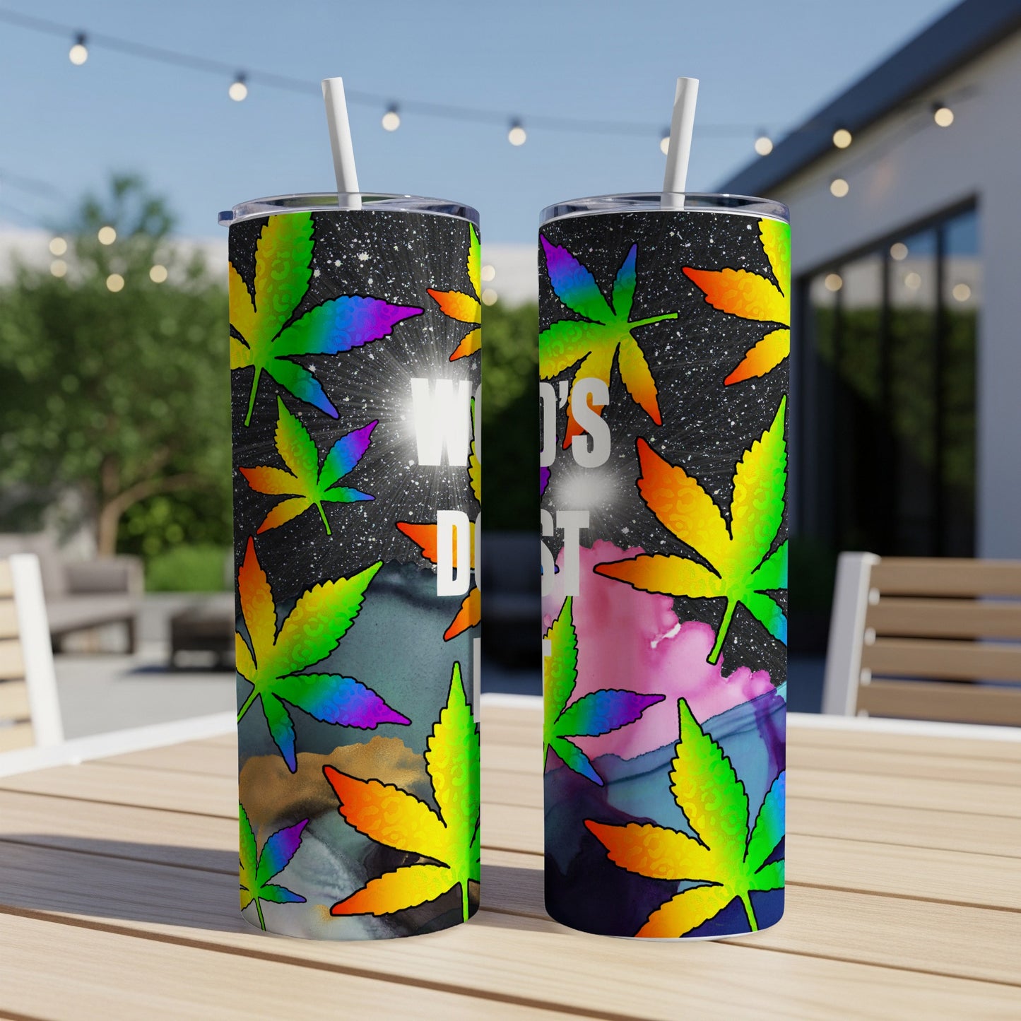 Two tumblers with rainbow cannabis leaves and colorful abstract watercolor backgrounds.