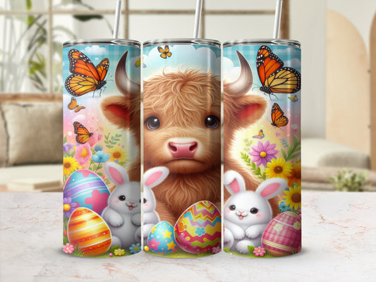 Highland cow, bunnies, and Easter eggs with butterflies against a sky background.