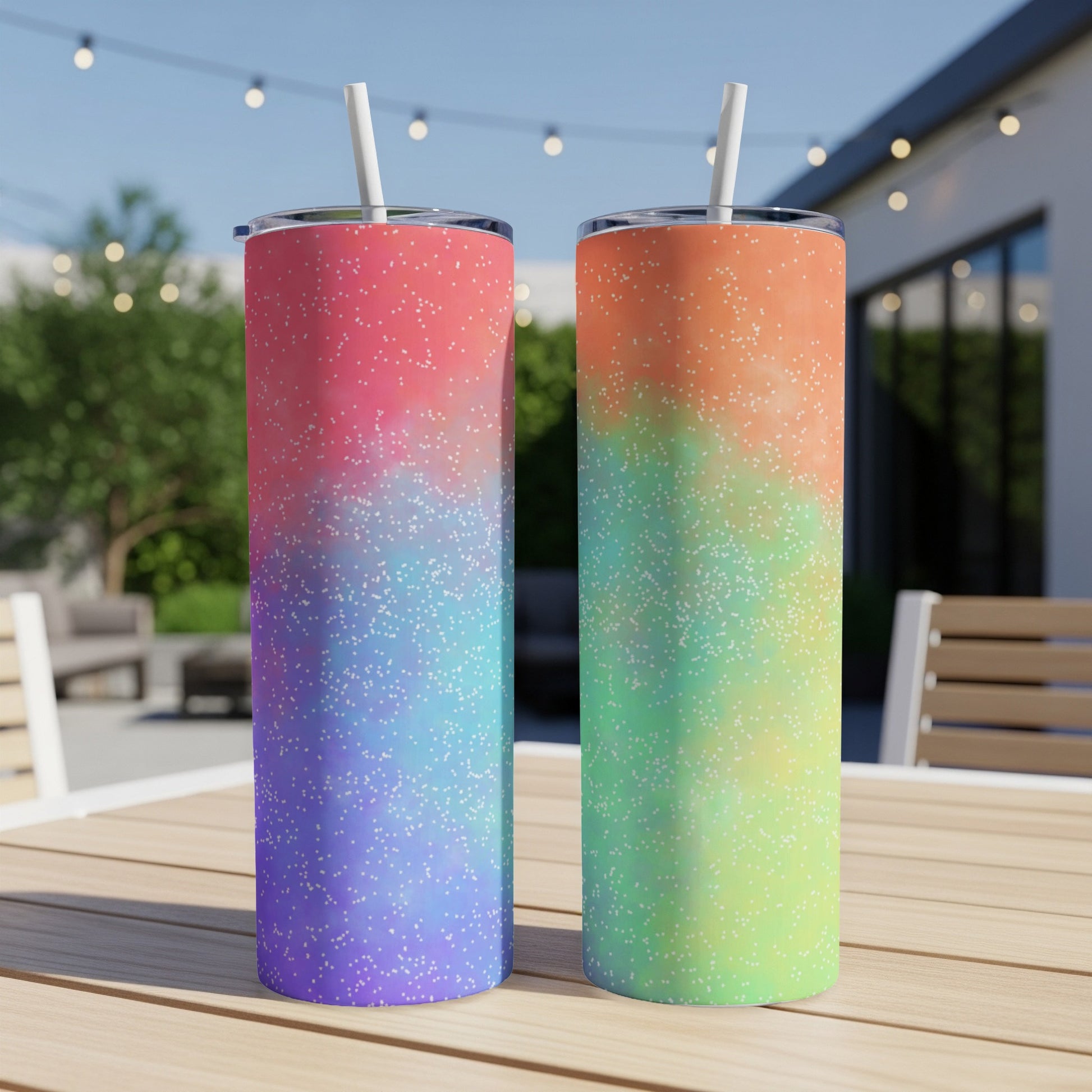 Two tumblers with ombre rainbow glitter patterns, featuring white straws.