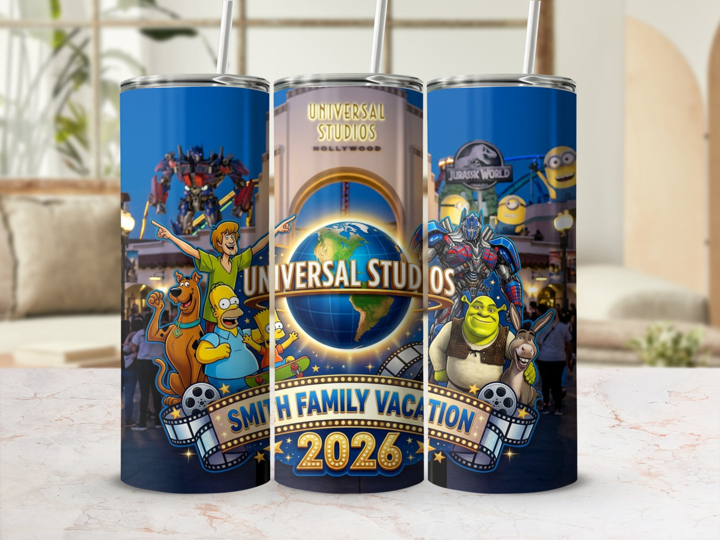 Universal Studios 2026 tumbler featuring Transformers, Minions, Shrek, and Simpsons characters.