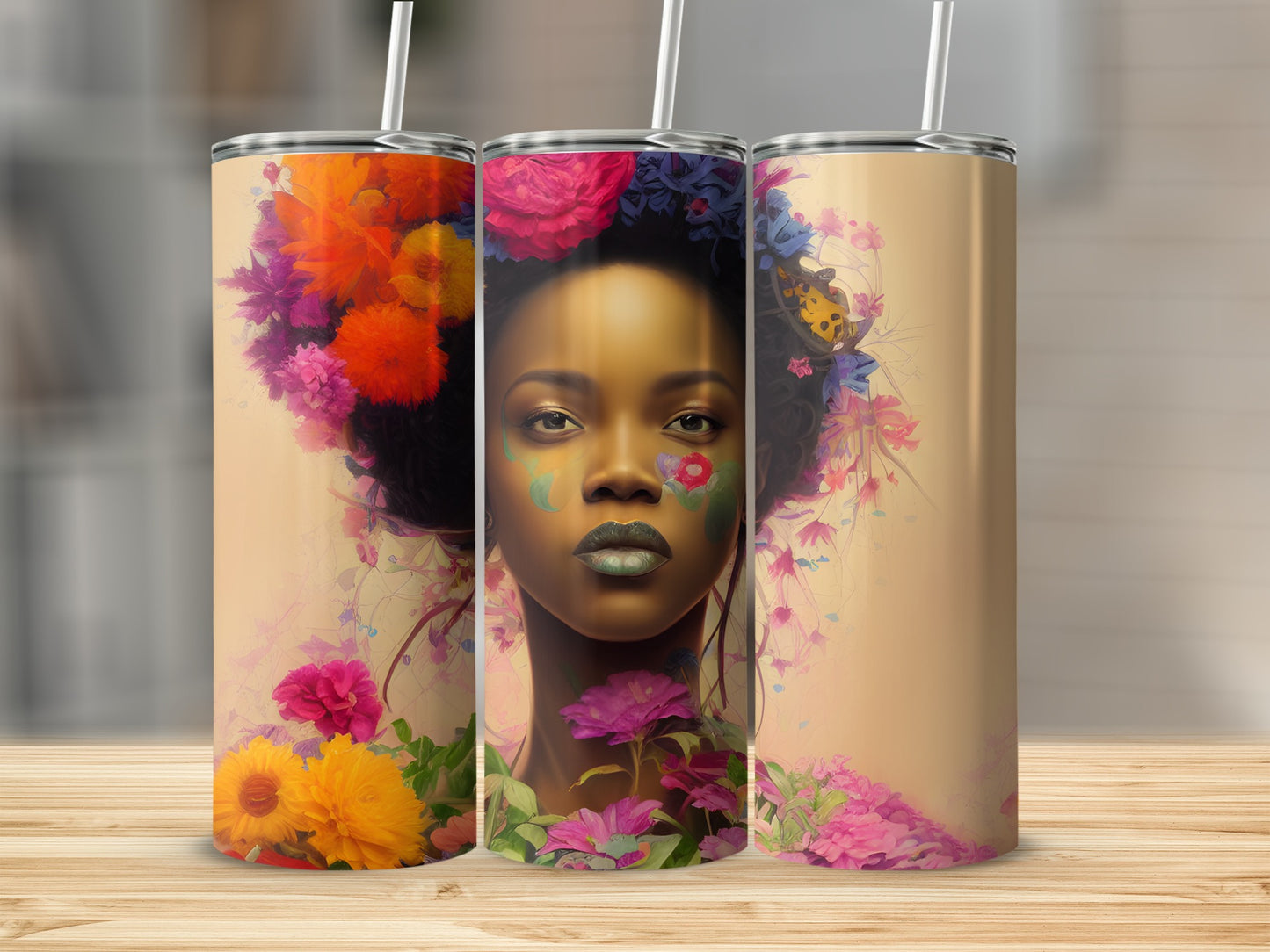 Woman with floral face paint and colorful flowers on tumblers.