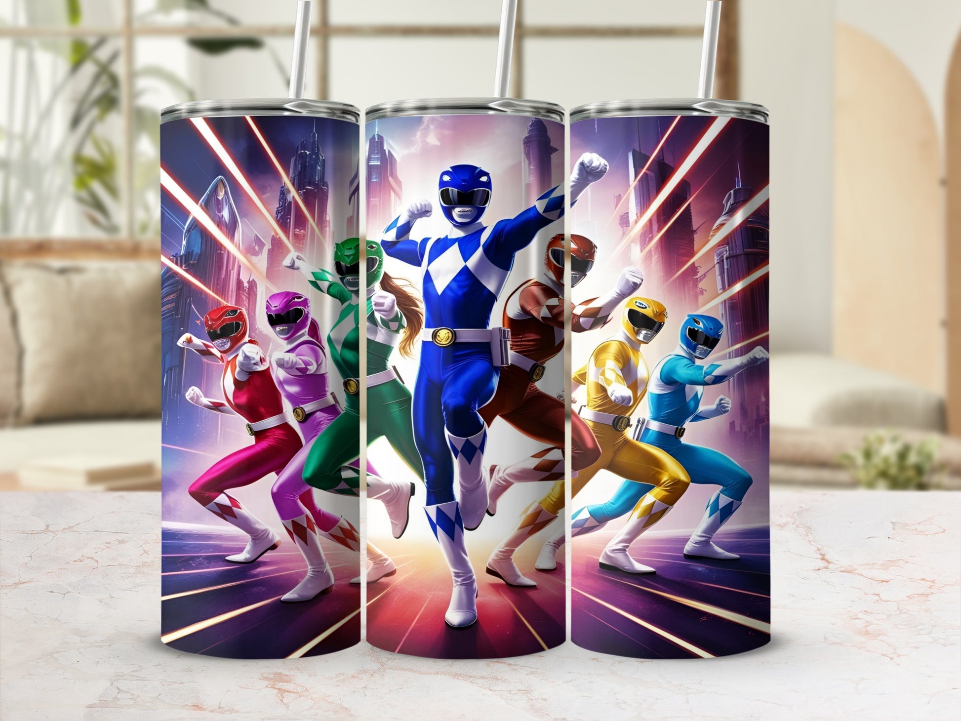 Power Rangers in action against a cityscape backdrop on tumblers.