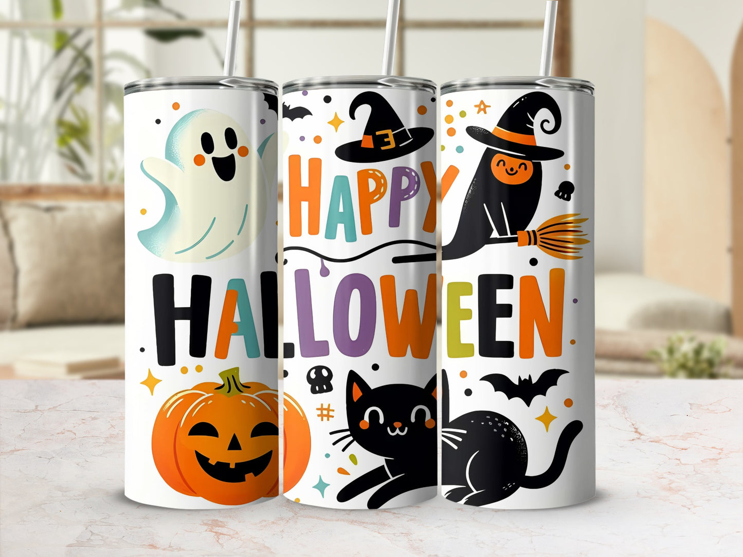 Three tumblers with Halloween designs: ghost, witch, black cat, pumpkin, and "Happy Halloween" text.