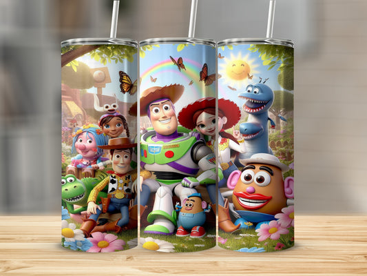 Toy Story characters on a sunny outdoor backdrop with butterflies.