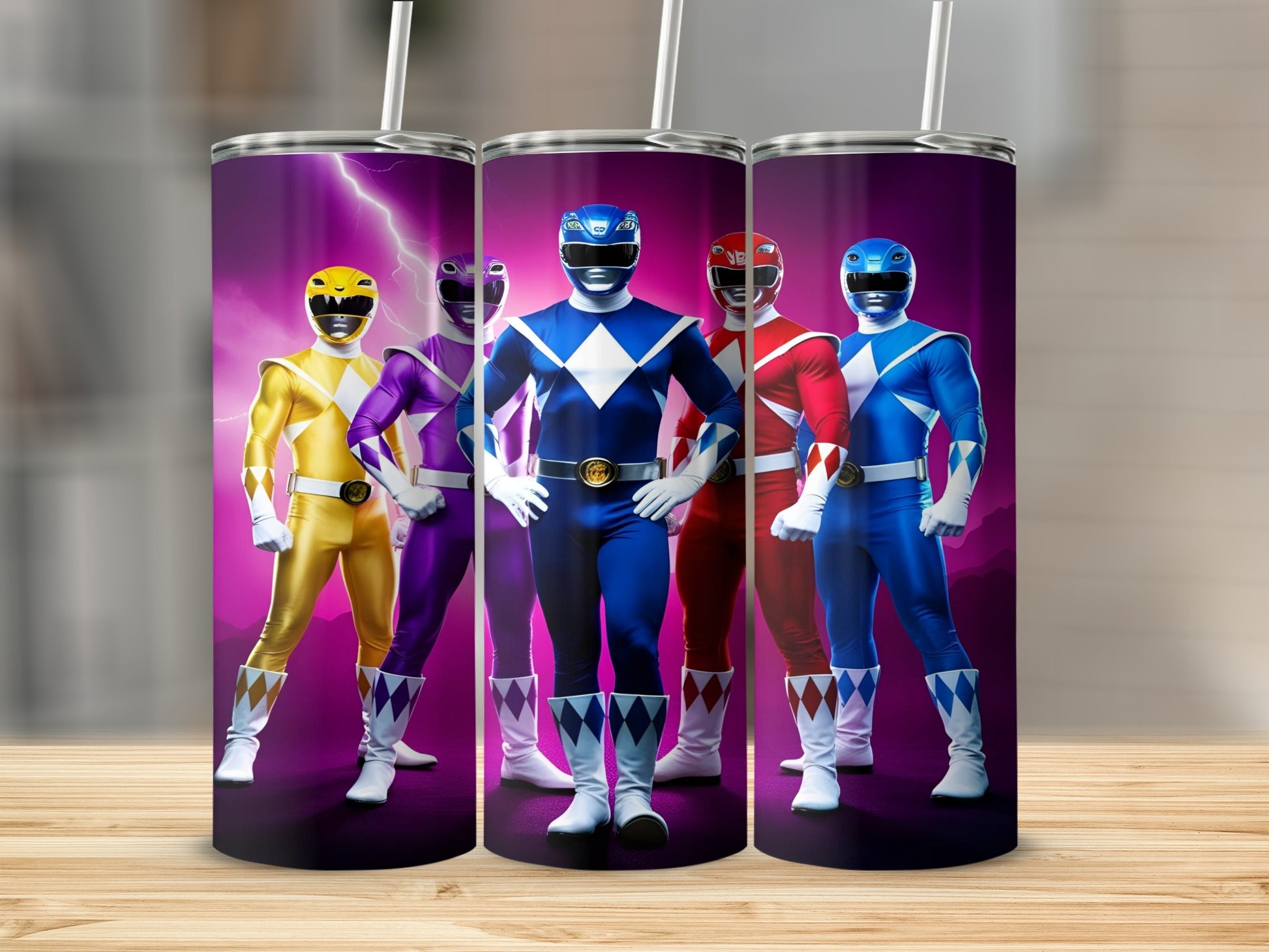 Five Mighty Morphin Power Rangers in their colored suits with lightning.