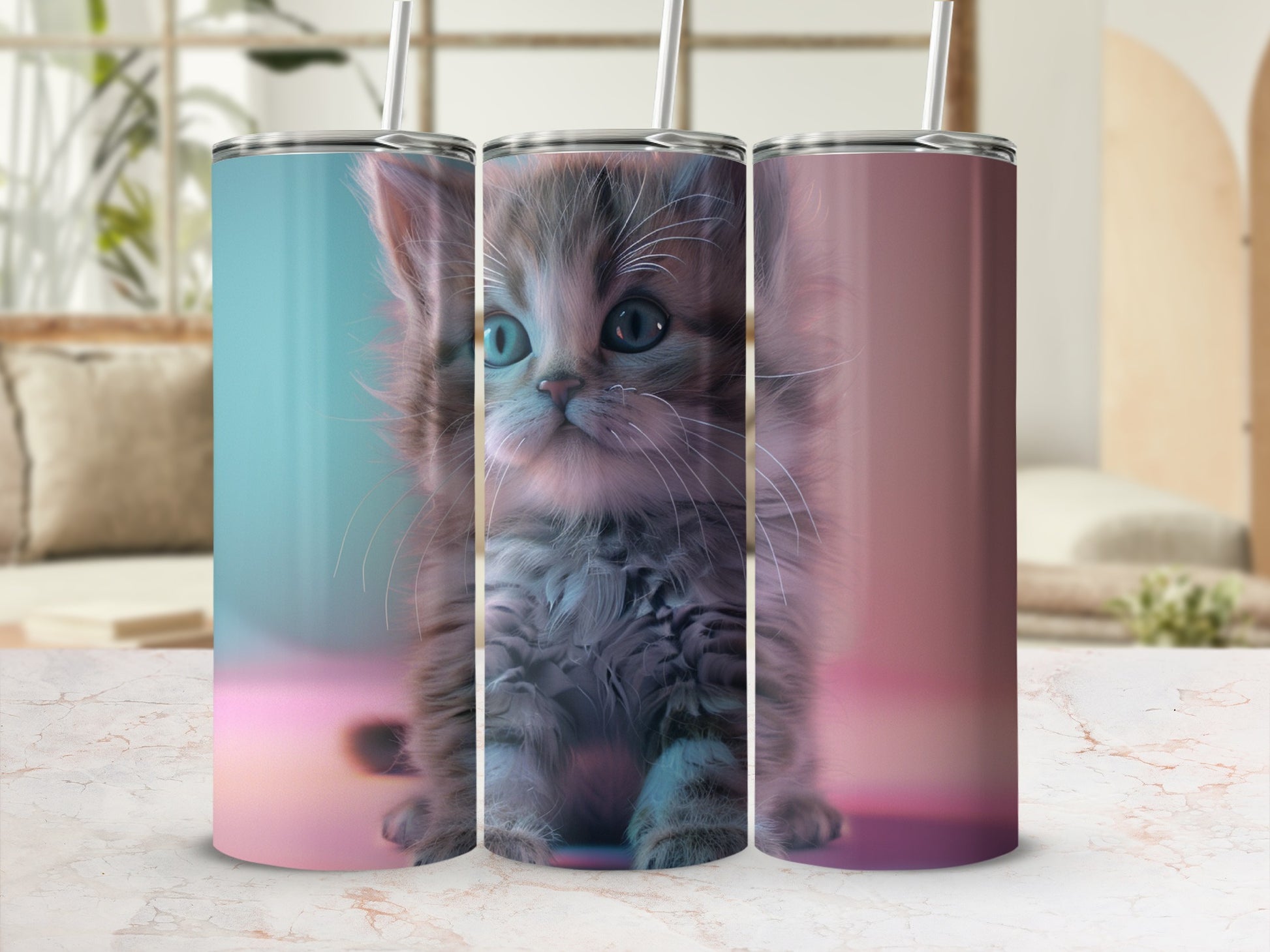 Three tumblers featuring a close-up portrait of a fluffy grey kitten with blue eyes.