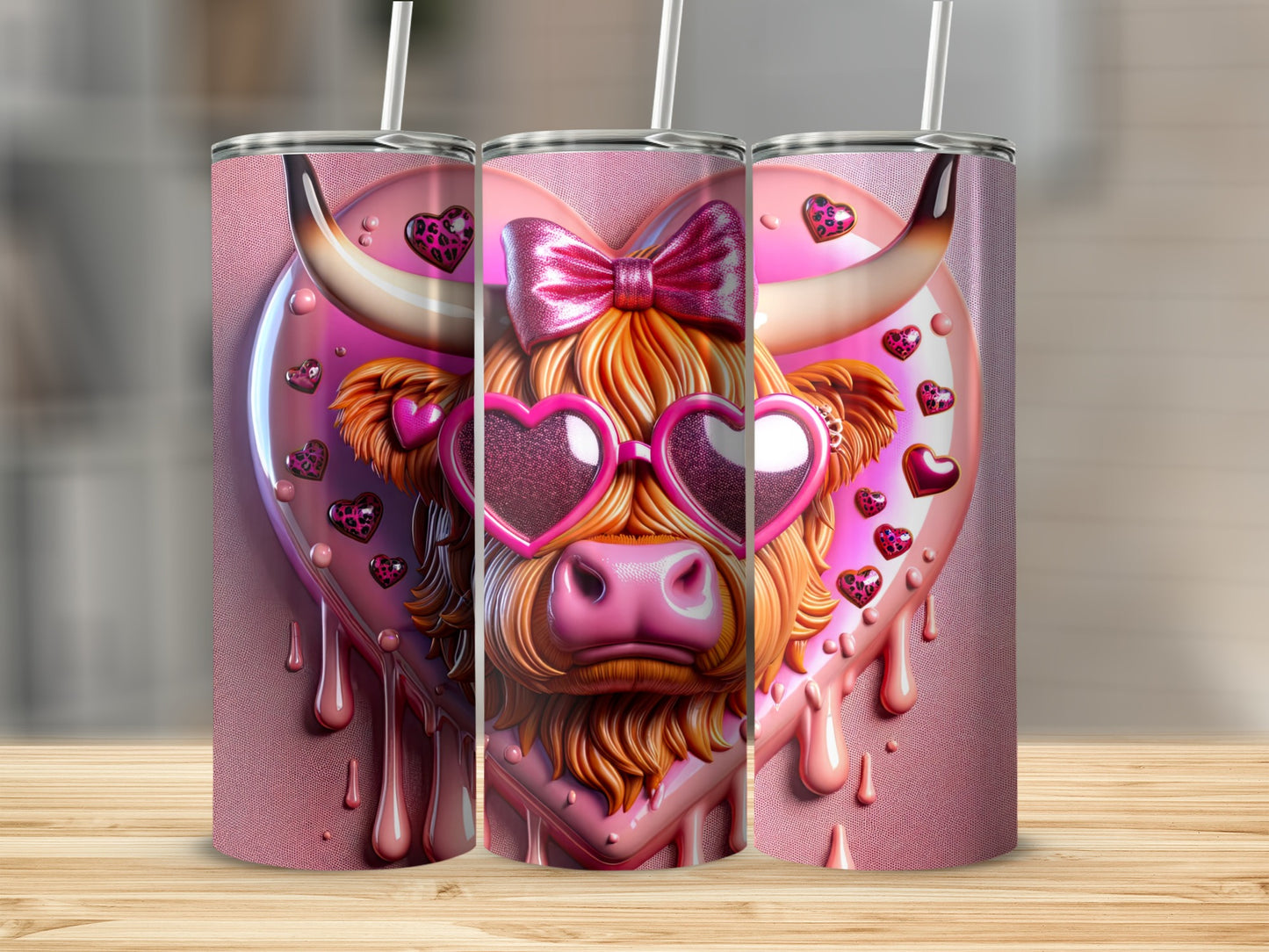 Pink Highland cow with heart sunglasses and bow on tumbler.