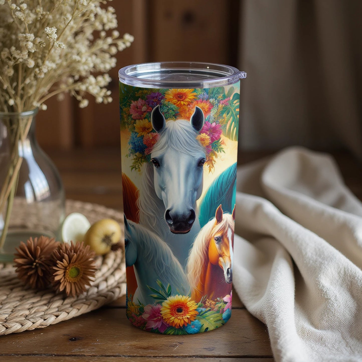 Vivid Horse Art Travel Tumbler with Colorful Floral Design