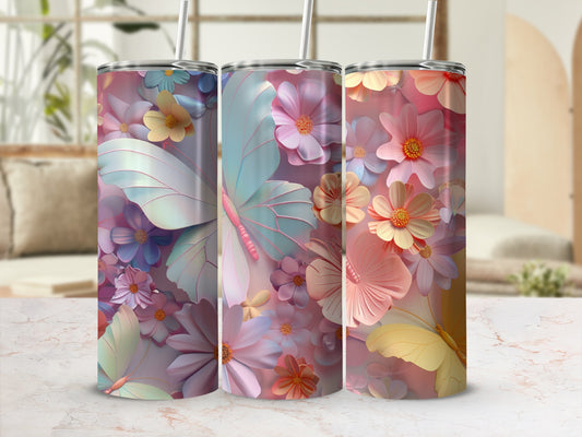 Floral butterfly tumbler design with pastel colors.