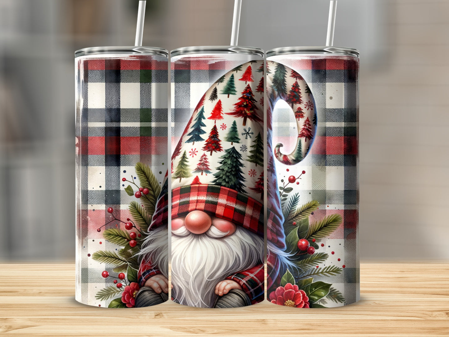 Gnome in festive hat with plaid pattern and pine trees on a tumbler.