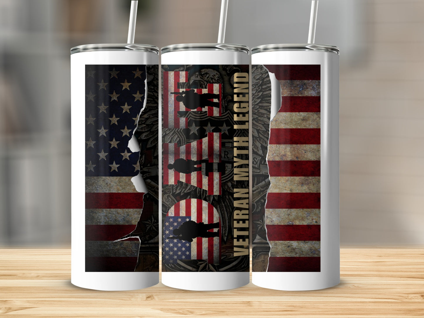 Tattered American flag graphic with silhouette of soldier on skinny tumbler.