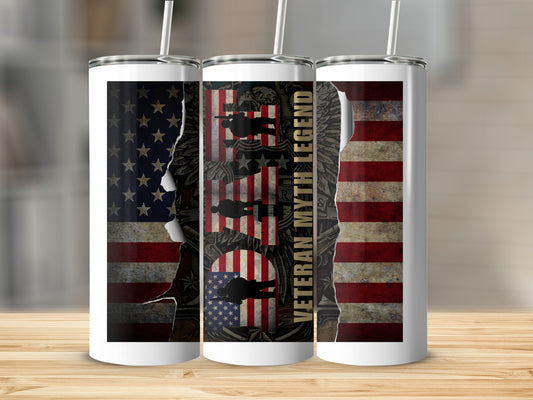 Tattered American flag graphic with silhouette of soldier on skinny tumbler.
