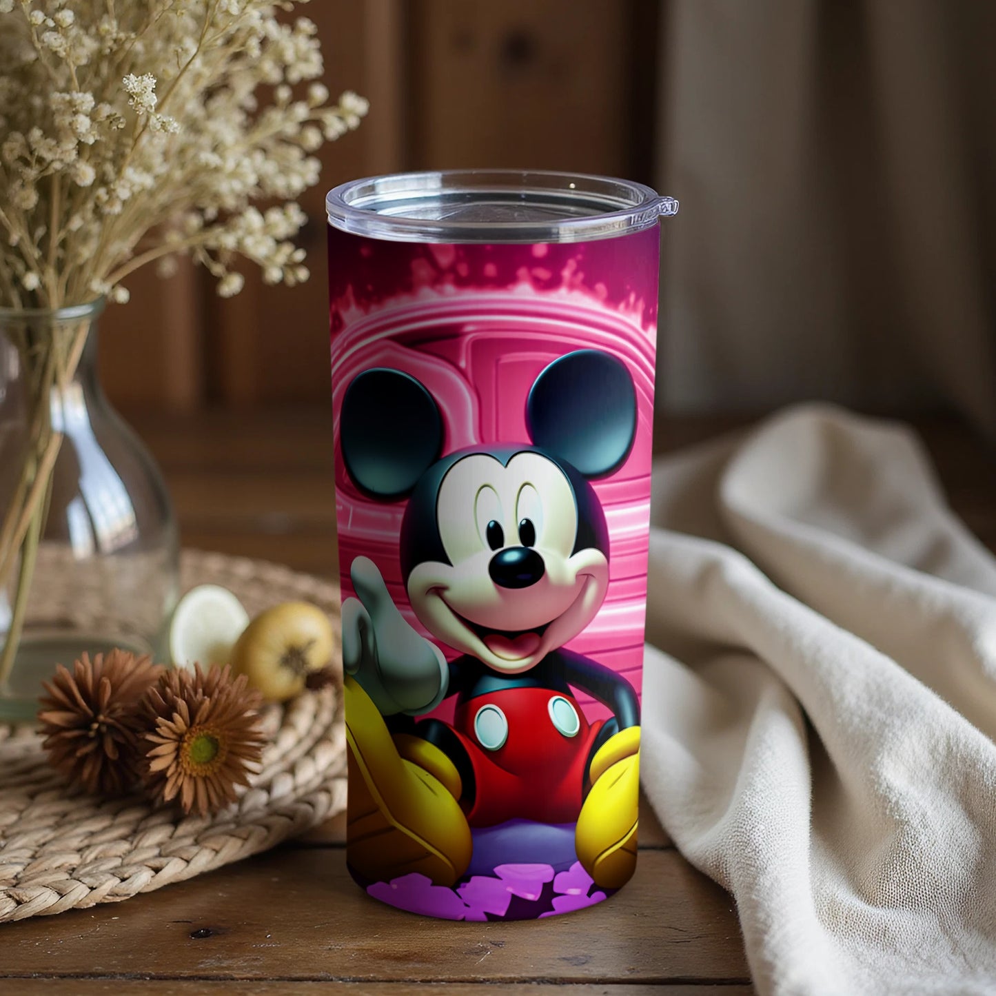 Mickey Mouse Happy Face Pink Background Tumbler