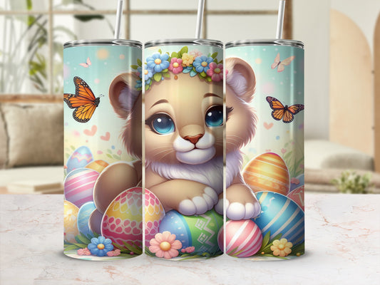 Cute lion cub surrounded by colorful Easter eggs and butterflies.