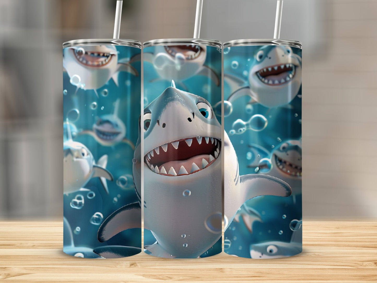 Three cartoon sharks with open mouths and straws on tumblers.