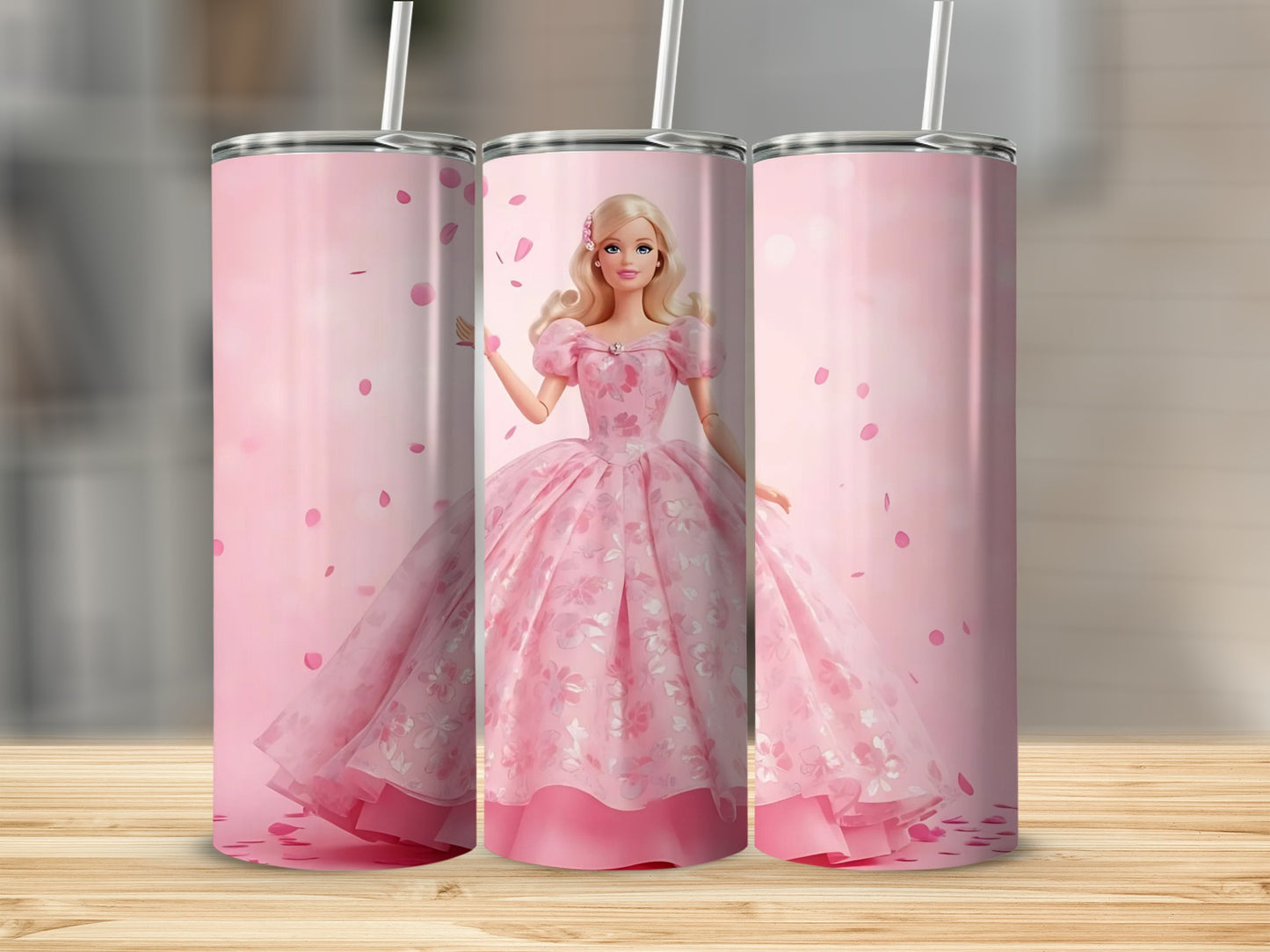 Barbie Pink Dress Floral Design Pink Background Tumblers
