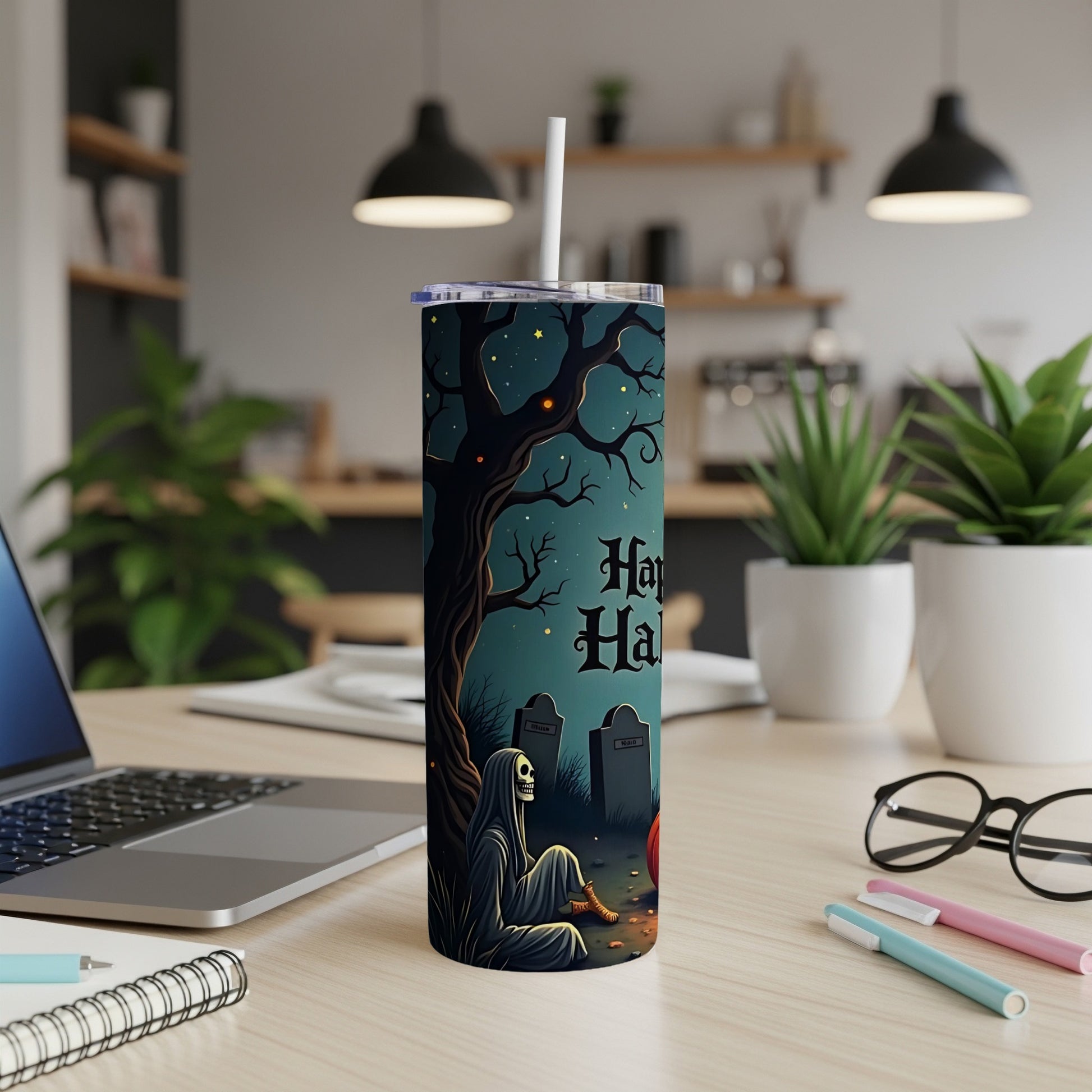 Tumbler with Grim Reaper, gravestones, and "Happy Halloween" text on a dark background.