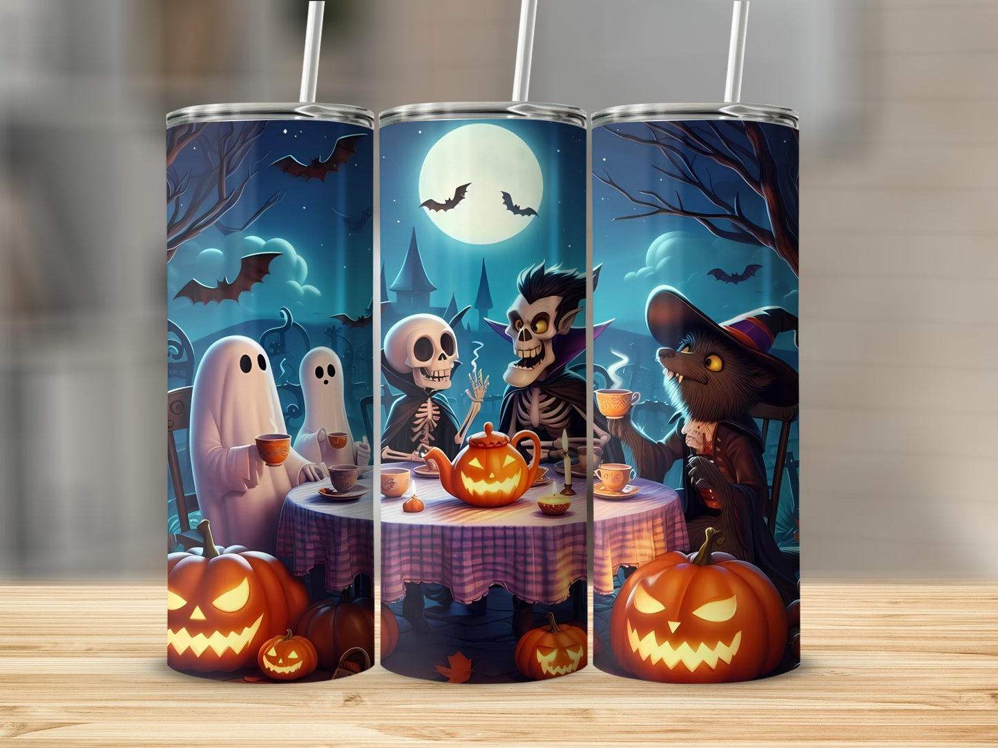 Halloween scene with ghosts, skeleton, vampire, and cat characters around a table with jack-o'-lanterns.