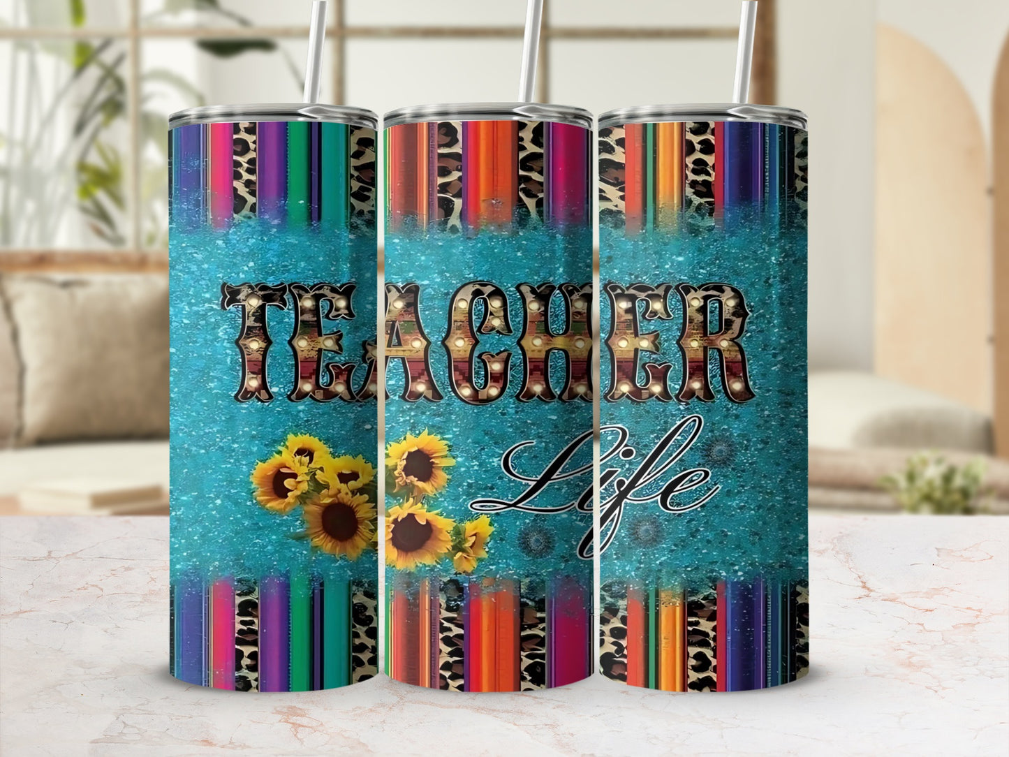 Teacher Life Sunflower Tumbler Colorful Stripes
