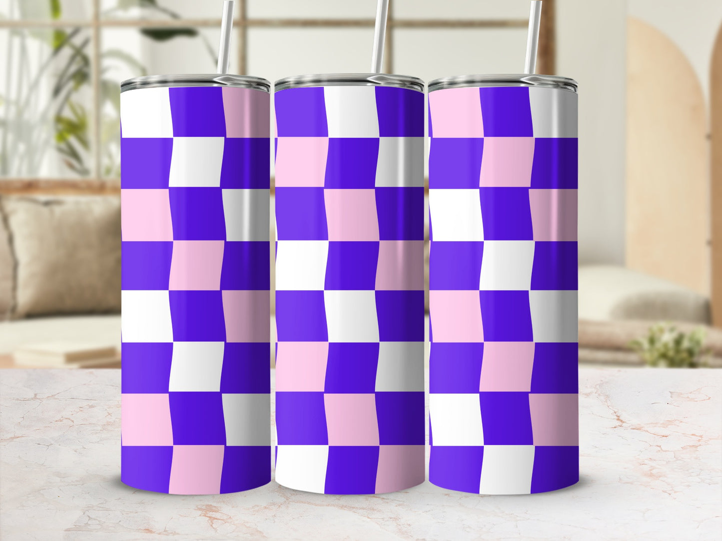 Tumbler with purple and pink checkered pattern, mockup on marble surface.