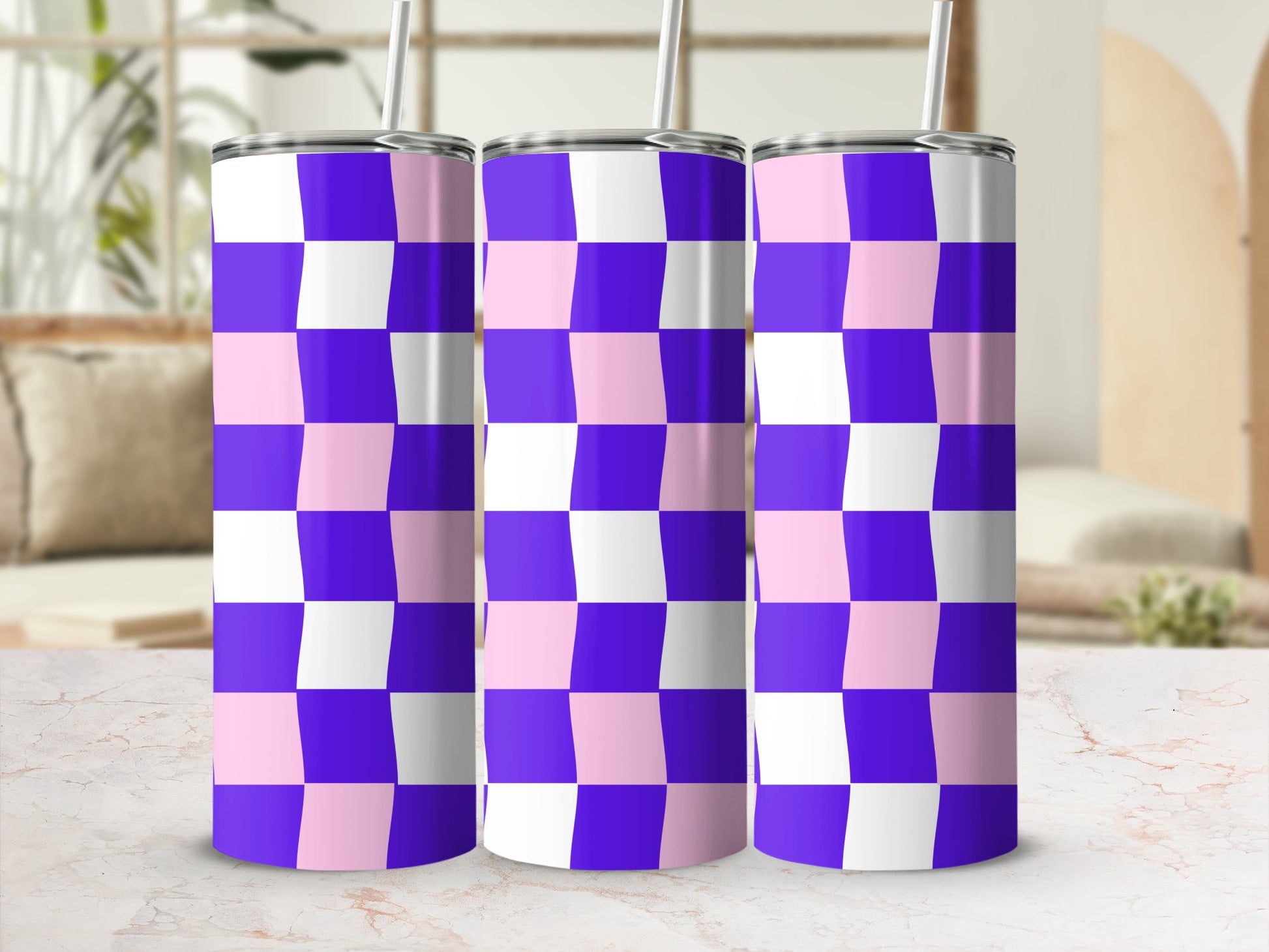 Tumbler with purple and pink checkered pattern, mockup on marble surface.