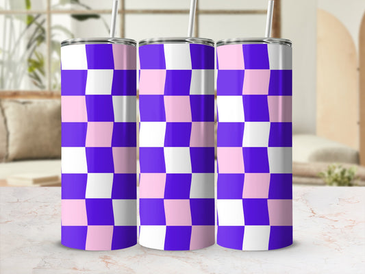 Tumbler with purple and pink checkered pattern, mockup on marble surface.