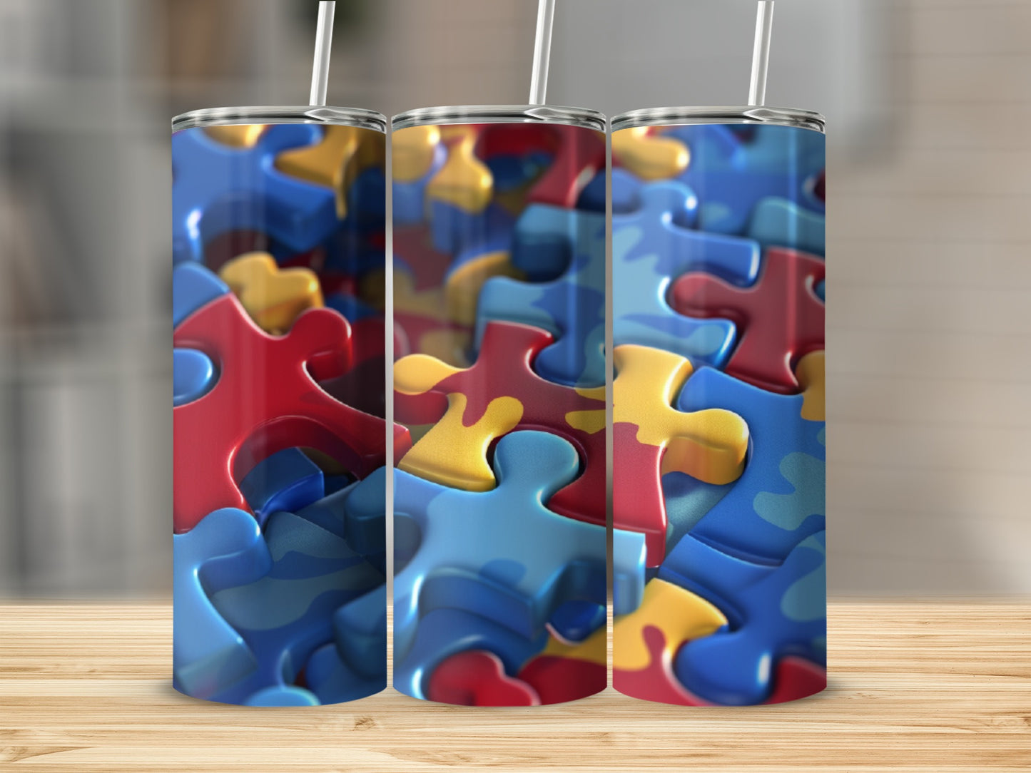 Three tumblers with a repeating puzzle piece pattern in red, blue, and yellow.